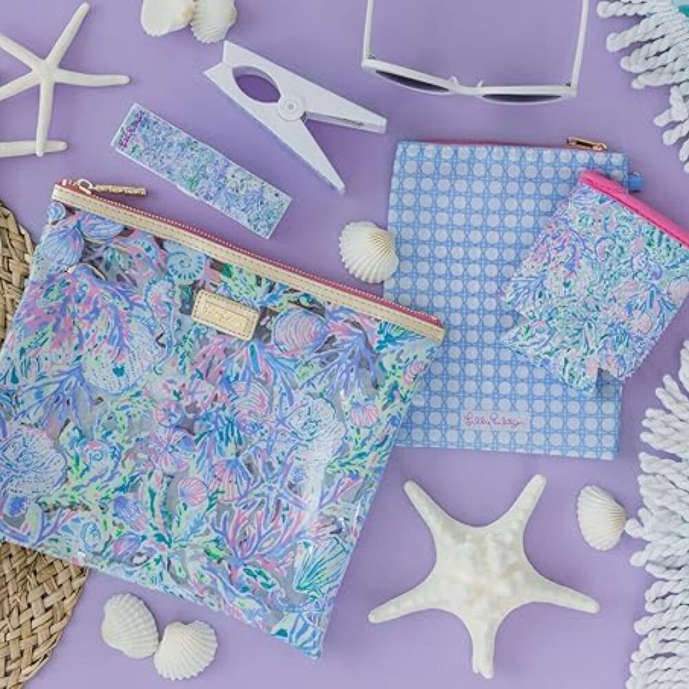 NEW Lilly Pulitzer "Soleil It On Me" Beach Day Set - Pouch, Coozie, Towel Clips